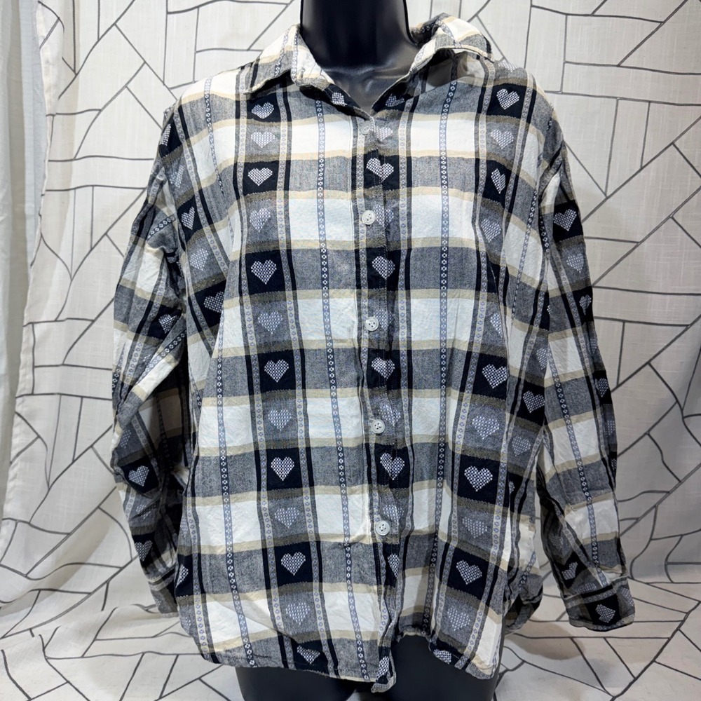 Jane Ashley Button Down Shirt Size M Black White Plaid Heart Print Long Sleeve